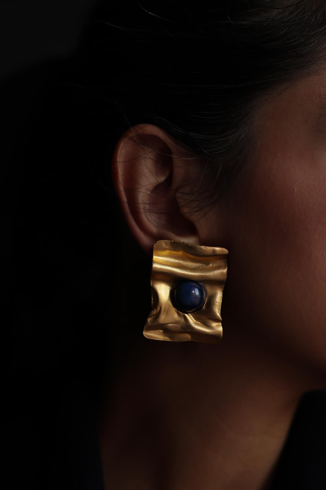 Matte Gold & Navy Blue Sculptural Clip-On Earrings