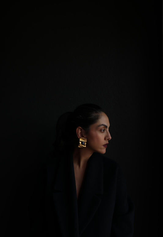 Matte Gold & Navy Blue Sculptural Clip-On Earrings