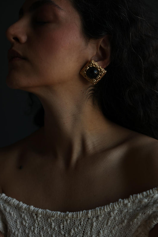 Gold-Tone Square Black Cabochon Clip-On Earrings|Vintage Baazaar 
