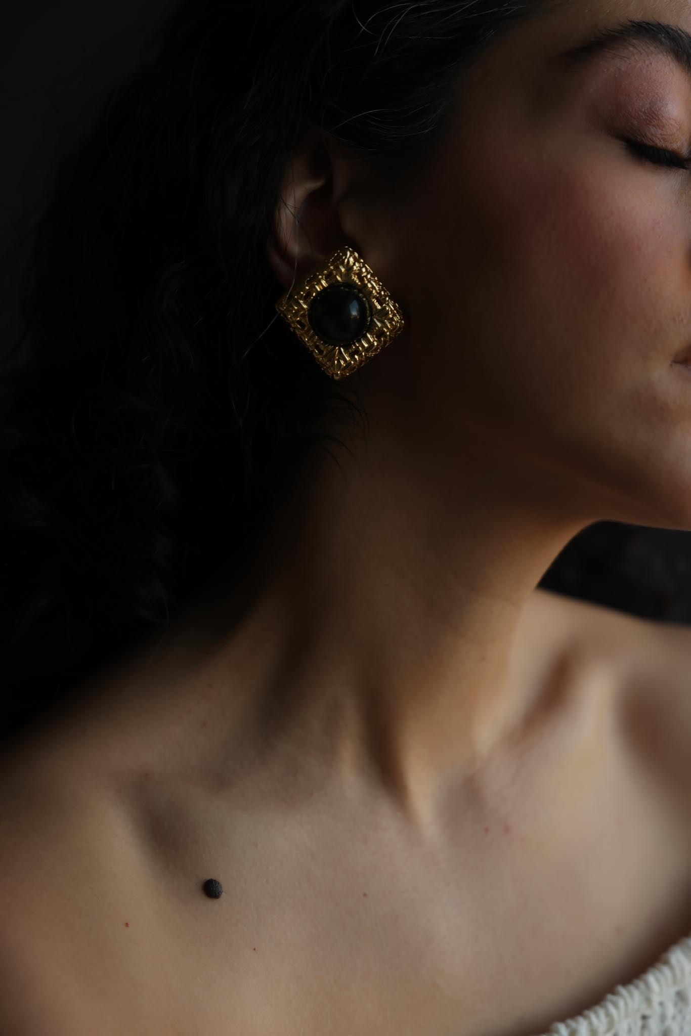 Gold-Tone Square Black Cabochon Clip-On Earrings|Vintage Baazaar 