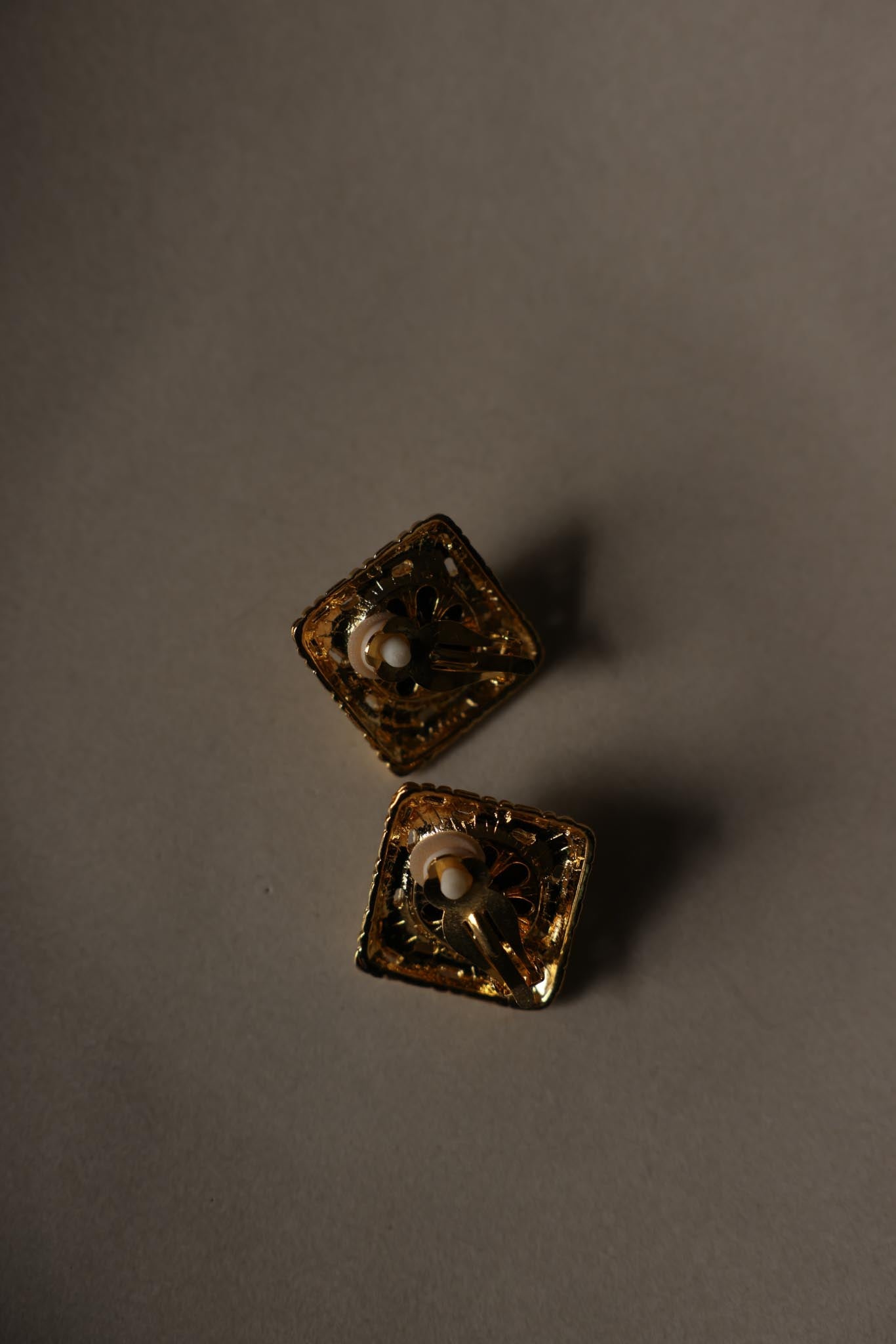 Gold-Tone Square Black Cabochon Clip-On Earrings|Vintage Baazaar 