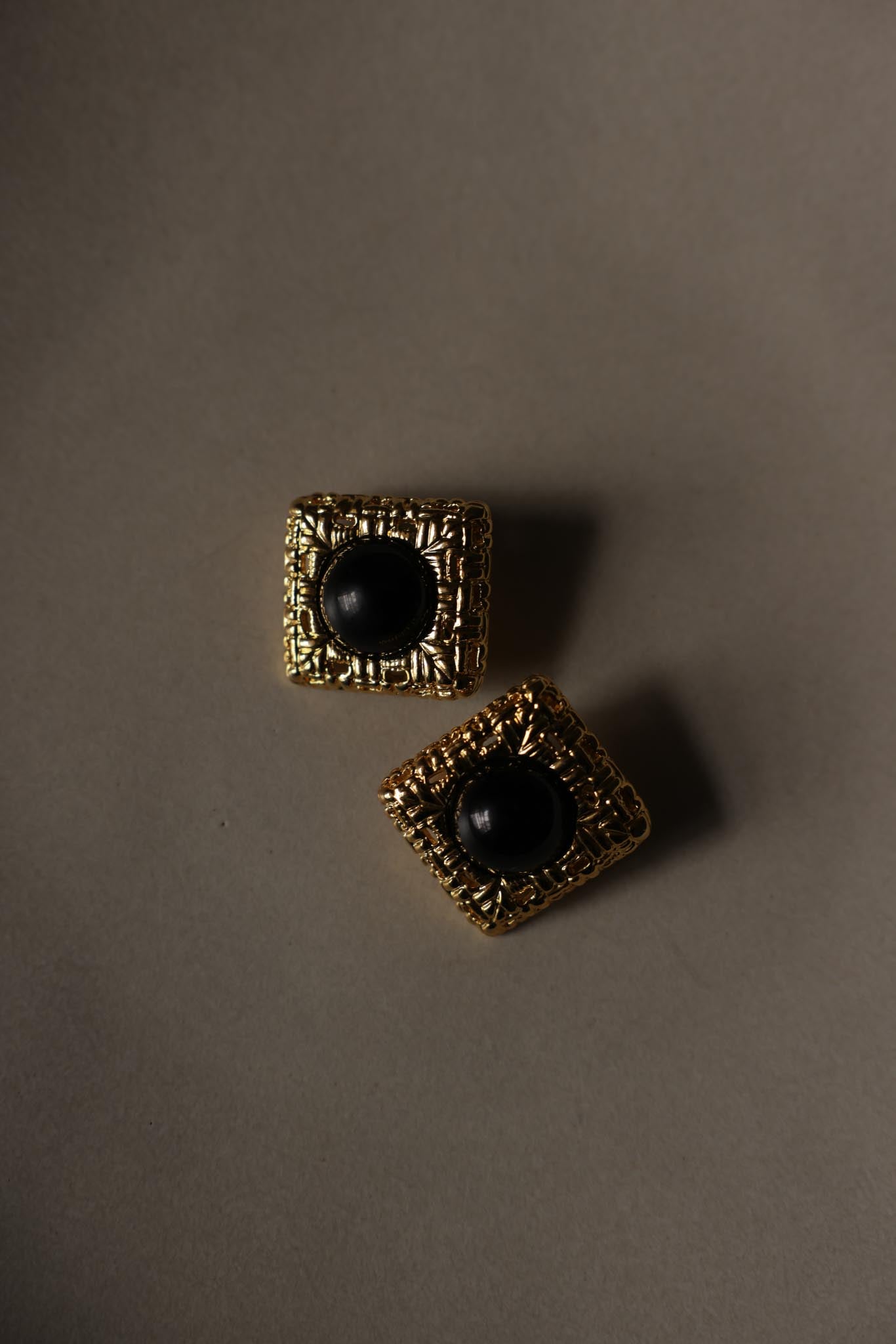 Gold-Tone Square Black Cabochon Clip-On Earrings|Vintage Baazaar 
