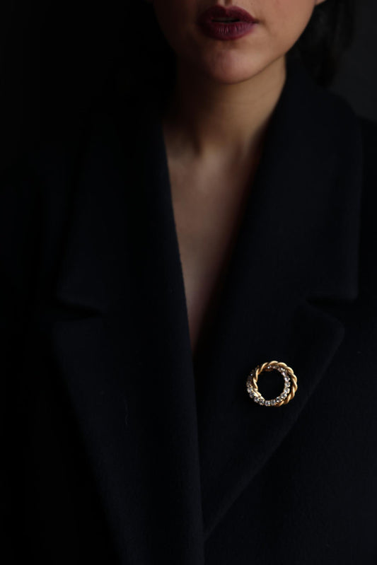 Gold-Tone Braided Circle Brooch with Clear Rhinestones