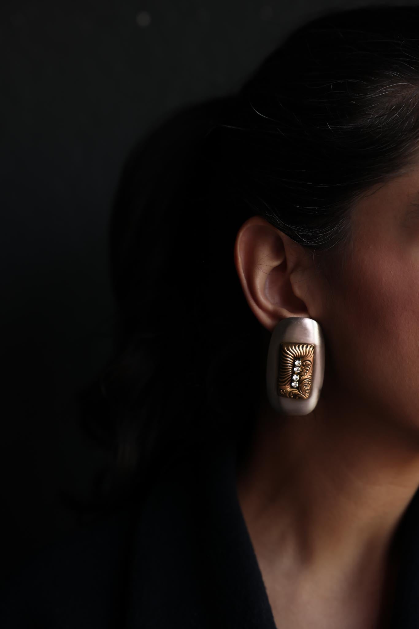 Silver-Tone and Brass Pierced Earrings with Rhinestone Accents