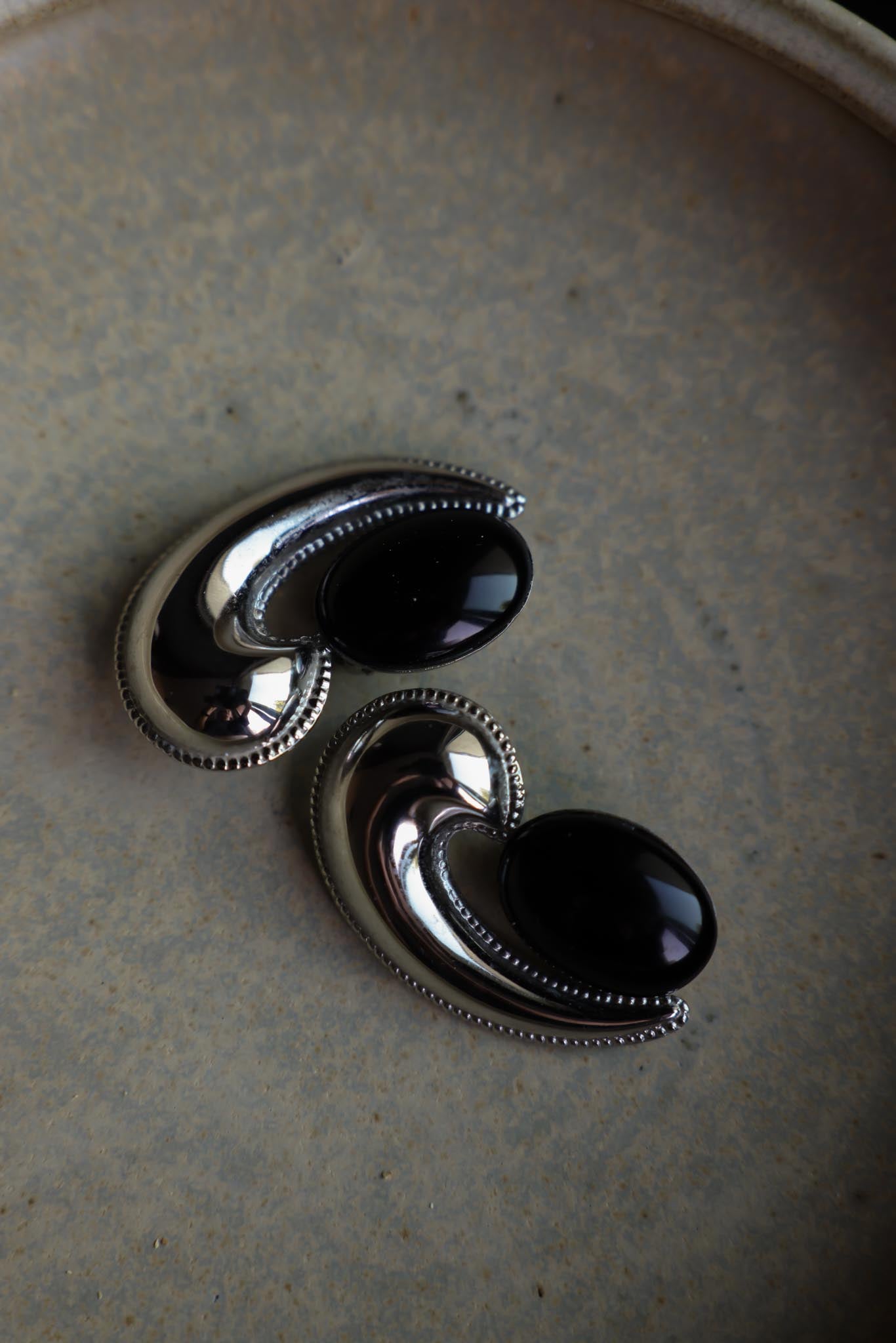 Silver Swirl Clip-On Earrings with Black Cabochons