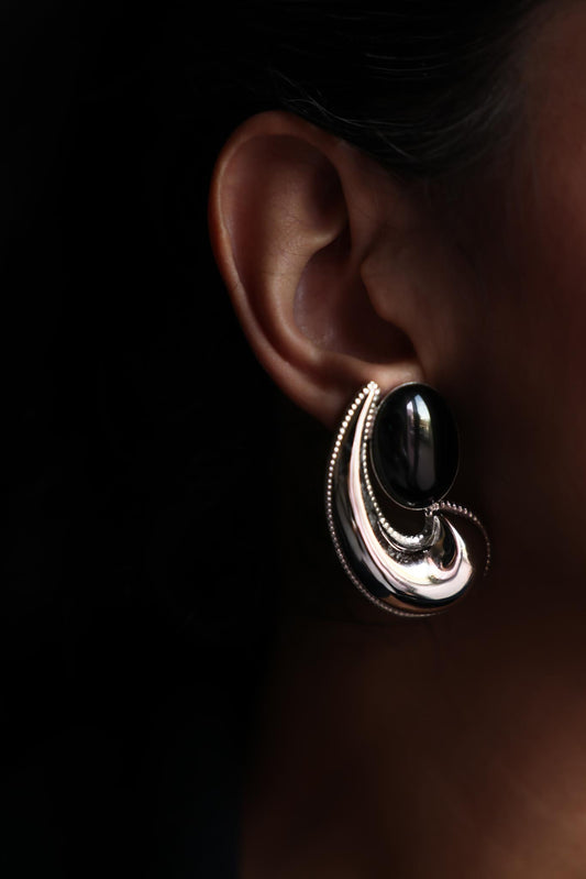 Silver Swirl Clip-On Earrings with Black Cabochons