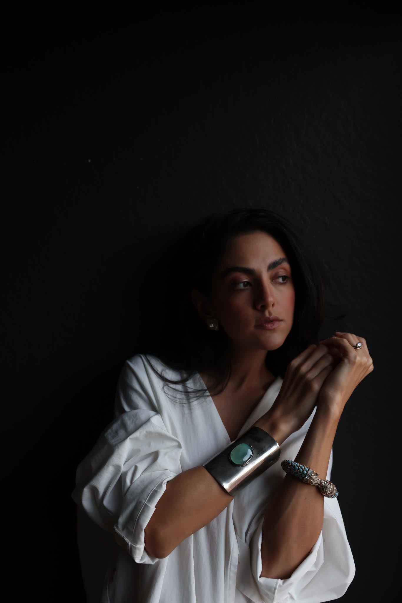 Turquoise & Crystal Panther Hinged Enamel Bangle|Vintage Baazaar 