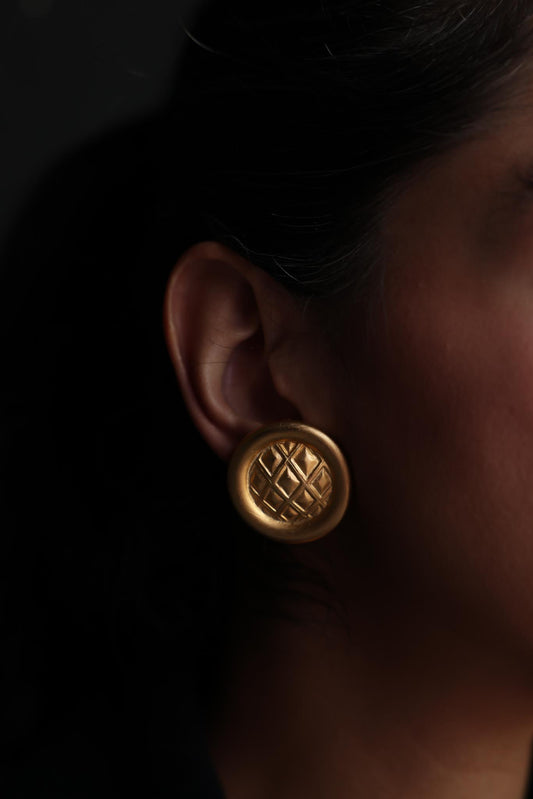 Matte Gold Quilted Round Clip-On Earrings