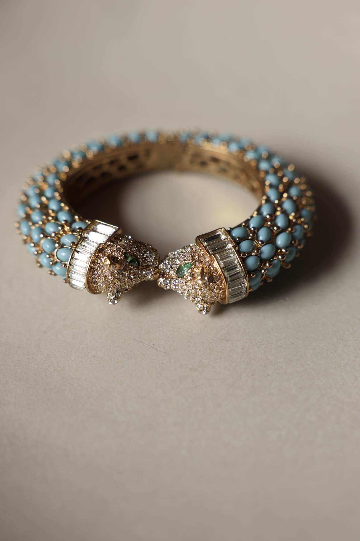 Turquoise & Crystal Panther Hinged Enamel Bangle|Vintage Baazaar 