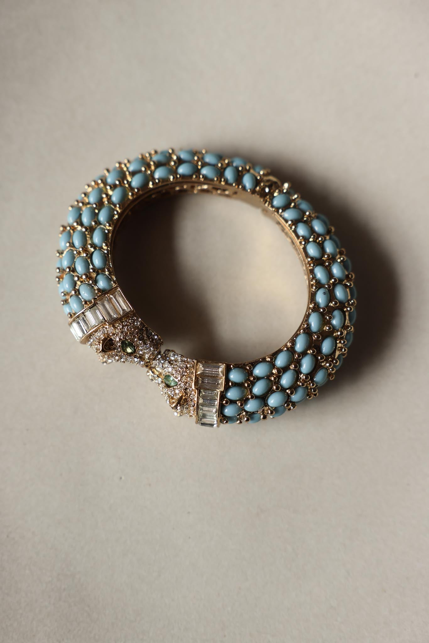 Turquoise & Crystal Panther Hinged Enamel Bangle|Vintage Baazaar 