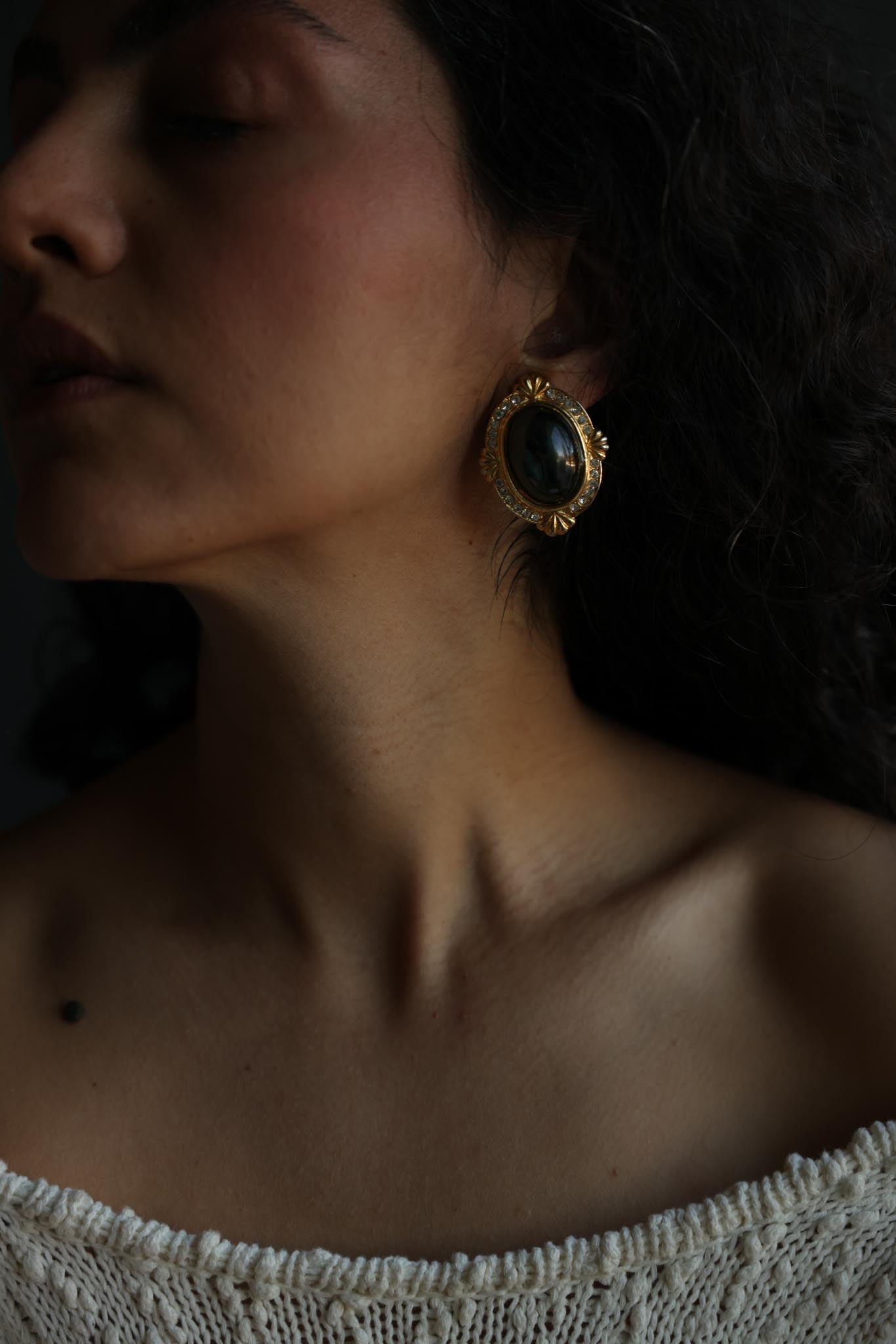 Gold-Tone Oval Clip-On Earrings with Black Cabochon and Rhinestones|Vintage Baazaar 