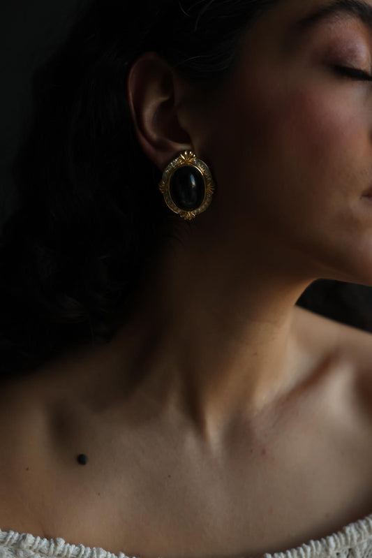 Gold-Tone Oval Clip-On Earrings with Black Cabochon and Rhinestones|Vintage Baazaar 