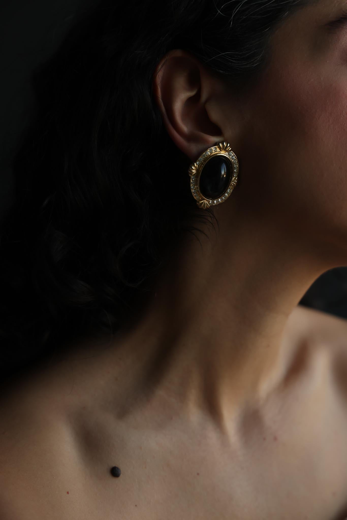 Gold-Tone Oval Clip-On Earrings with Black Cabochon and Rhinestones|Vintage Baazaar 