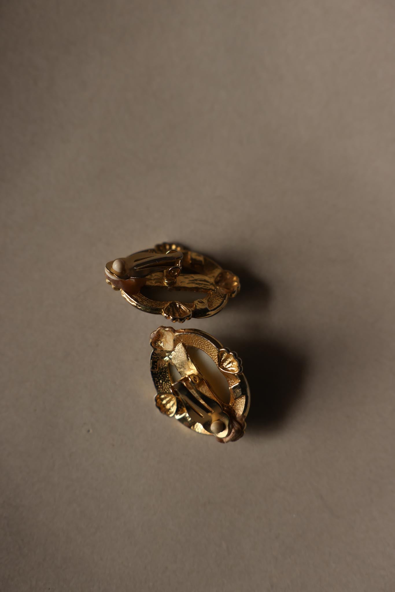 Gold-Tone Oval Clip-On Earrings with Black Cabochon and Rhinestones|Vintage Baazaar 