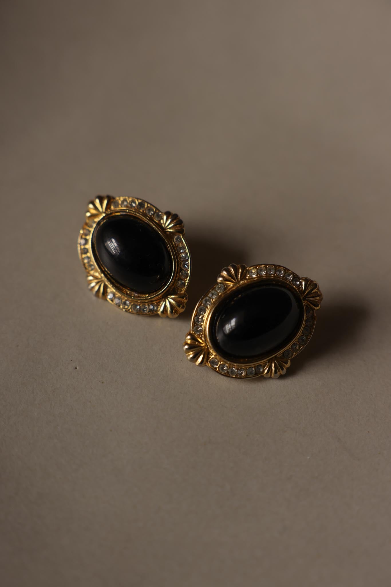 Gold-Tone Oval Clip-On Earrings with Black Cabochon and Rhinestones|Vintage Baazaar 