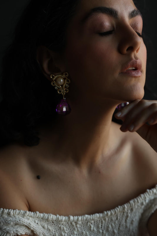 Gold-Tone Faux Pearl & Purple Drop Clip-On Earrings|Vintage Baazaar 