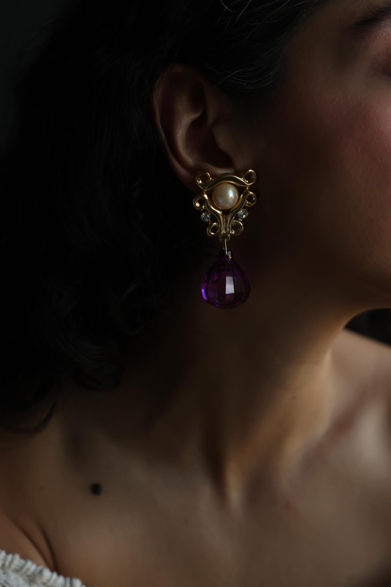 Gold-Tone Faux Pearl & Purple Drop Clip-On Earrings|Vintage Baazaar 