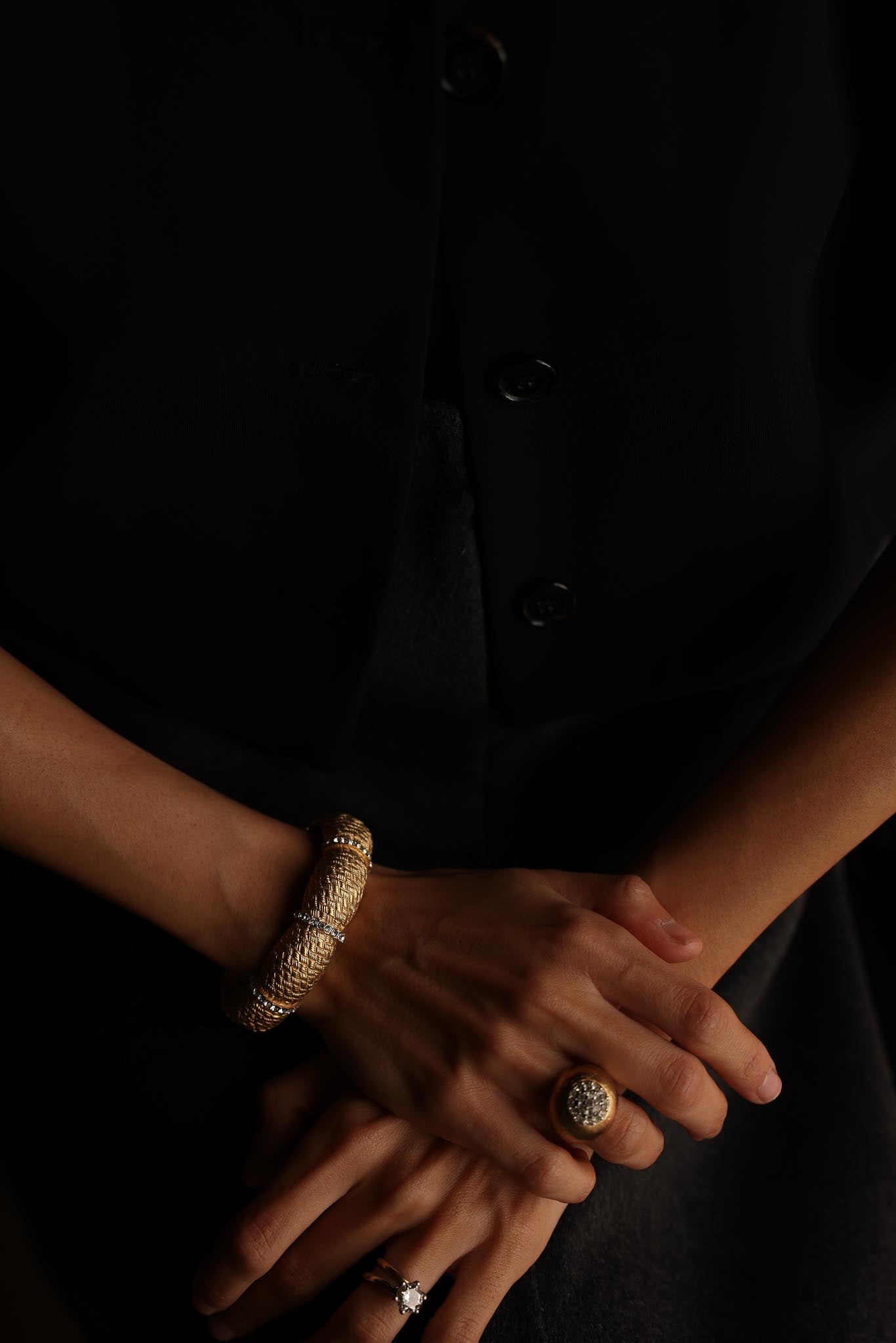 Gold Basketweave Crystal Clamper Bracelet|Vintage Baazaar 