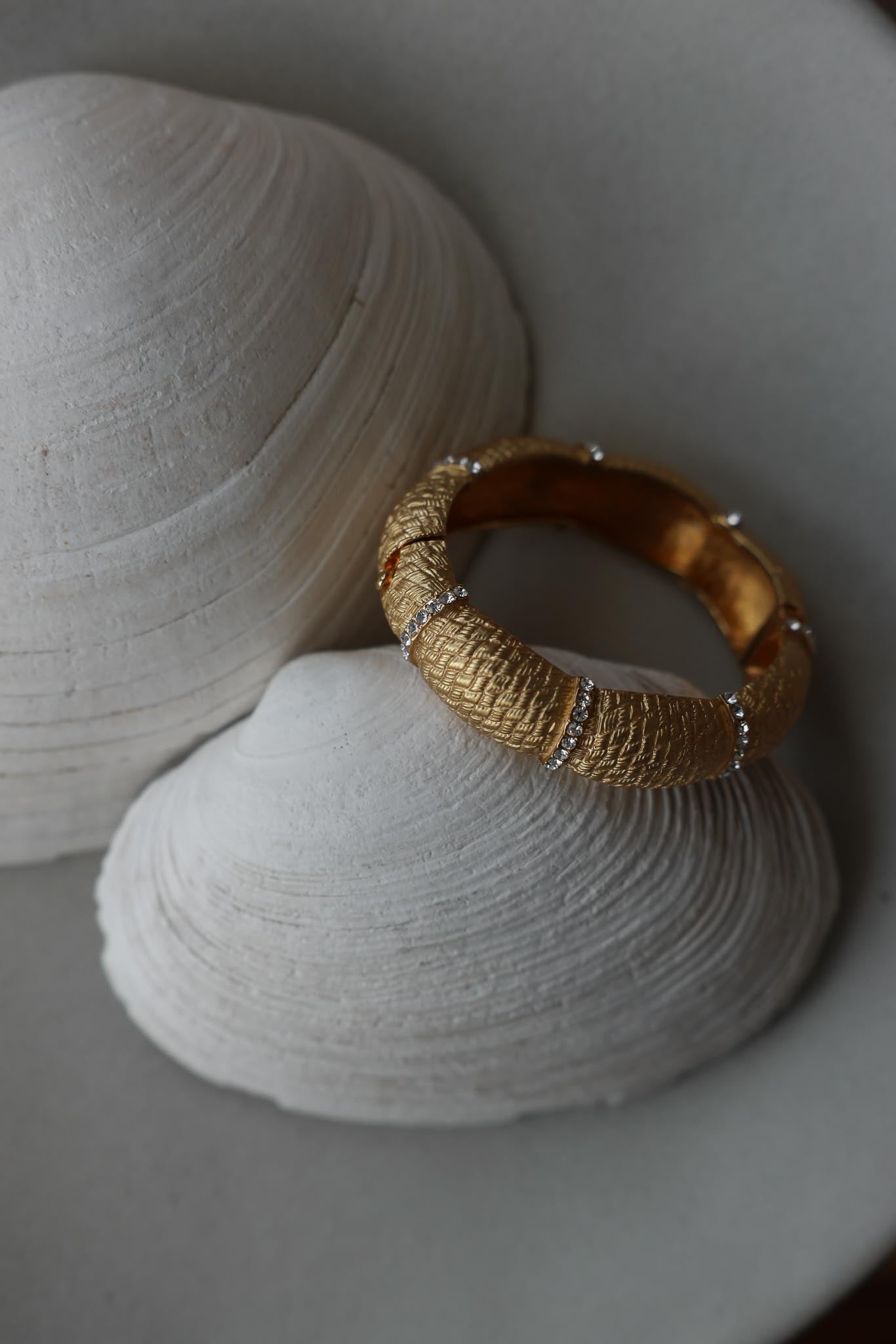 Gold Basketweave Crystal Clamper Bracelet|Vintage Baazaar 