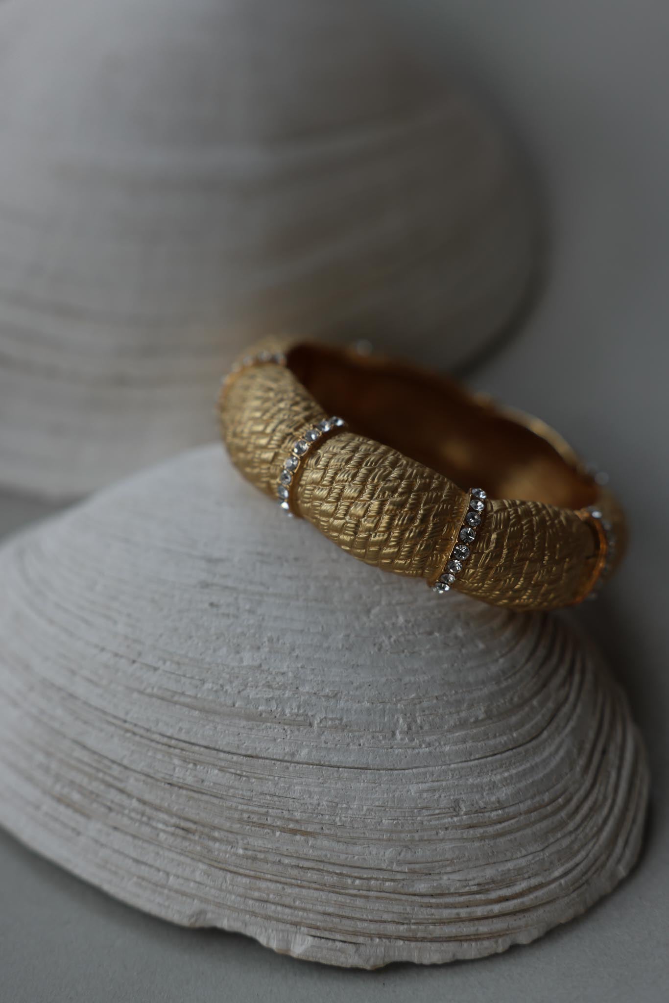 Gold Basketweave Crystal Clamper Bracelet|Vintage Baazaar 