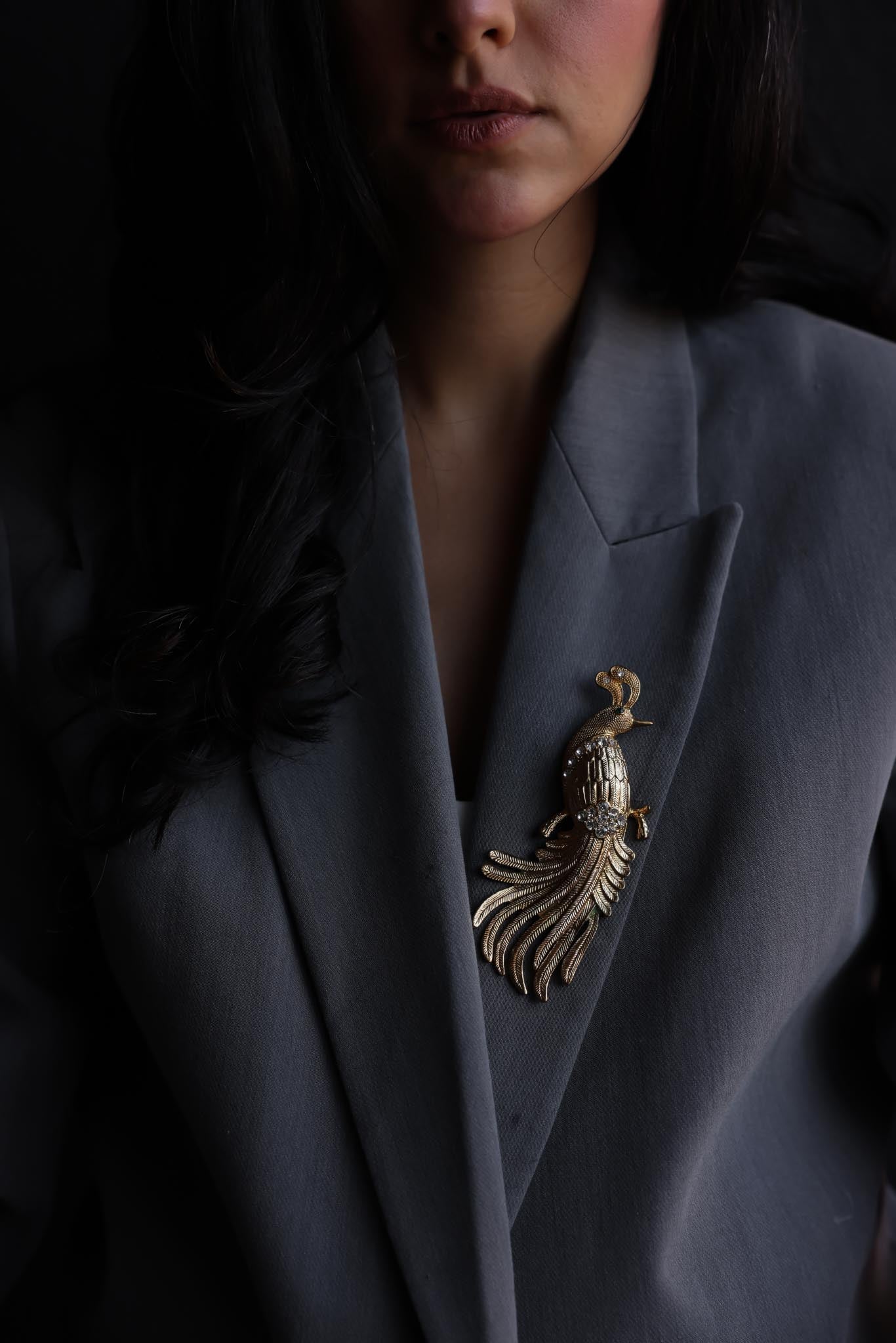 Gold-Tone Peacock Brooch with Rhinestone Accents