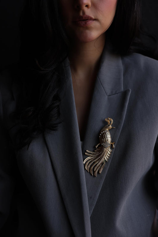 Gold-Tone Peacock Brooch with Rhinestone Accents