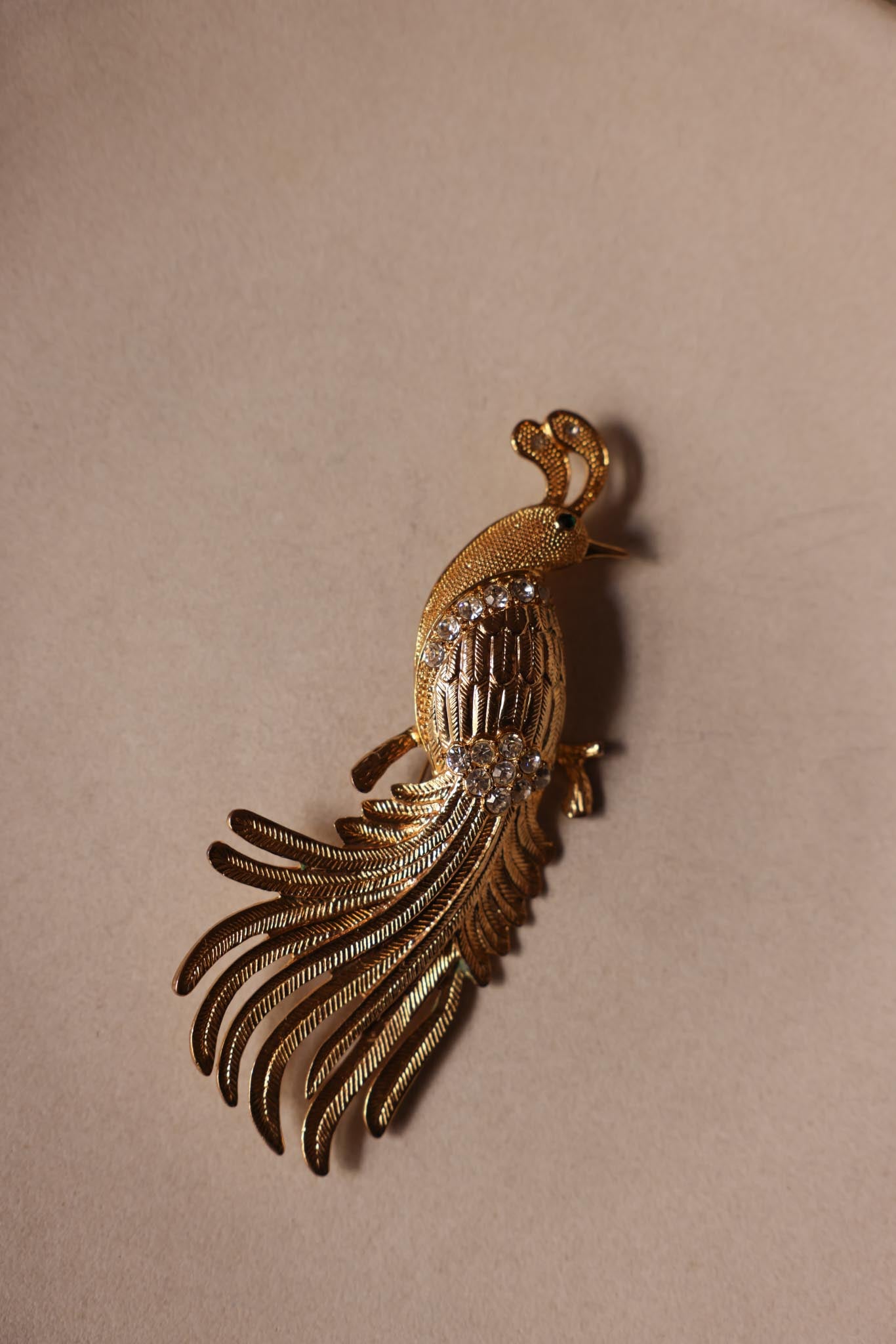 Gold-Tone Peacock Brooch with Rhinestone Accents
