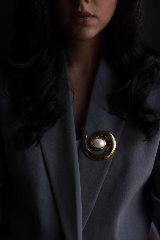Gold-Tone Spiral Brooch with Faux Pearl Center
