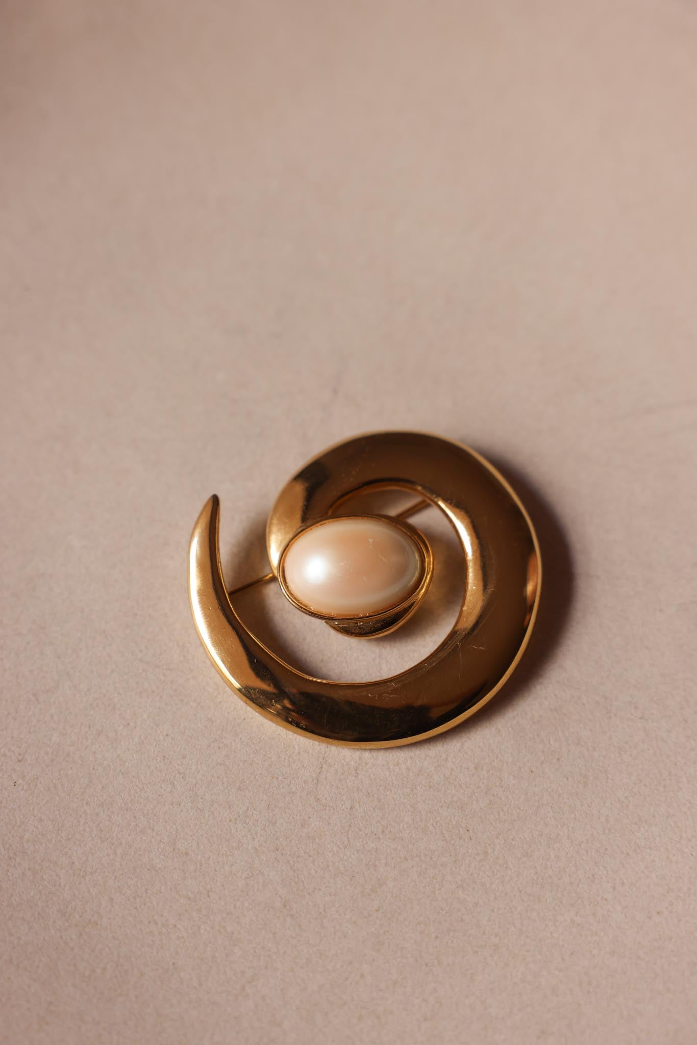 Gold-Tone Spiral Brooch with Faux Pearl Center