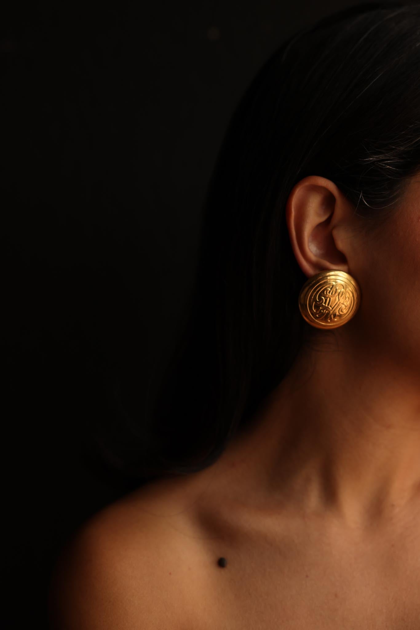 Round Gold-Tone Pierced Earrings with Engraved Design|Vintage Baazaar 