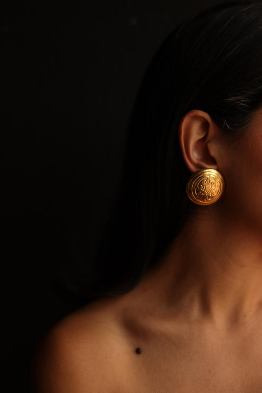 Round Gold-Tone Pierced Earrings with Engraved Design|Vintage Baazaar 