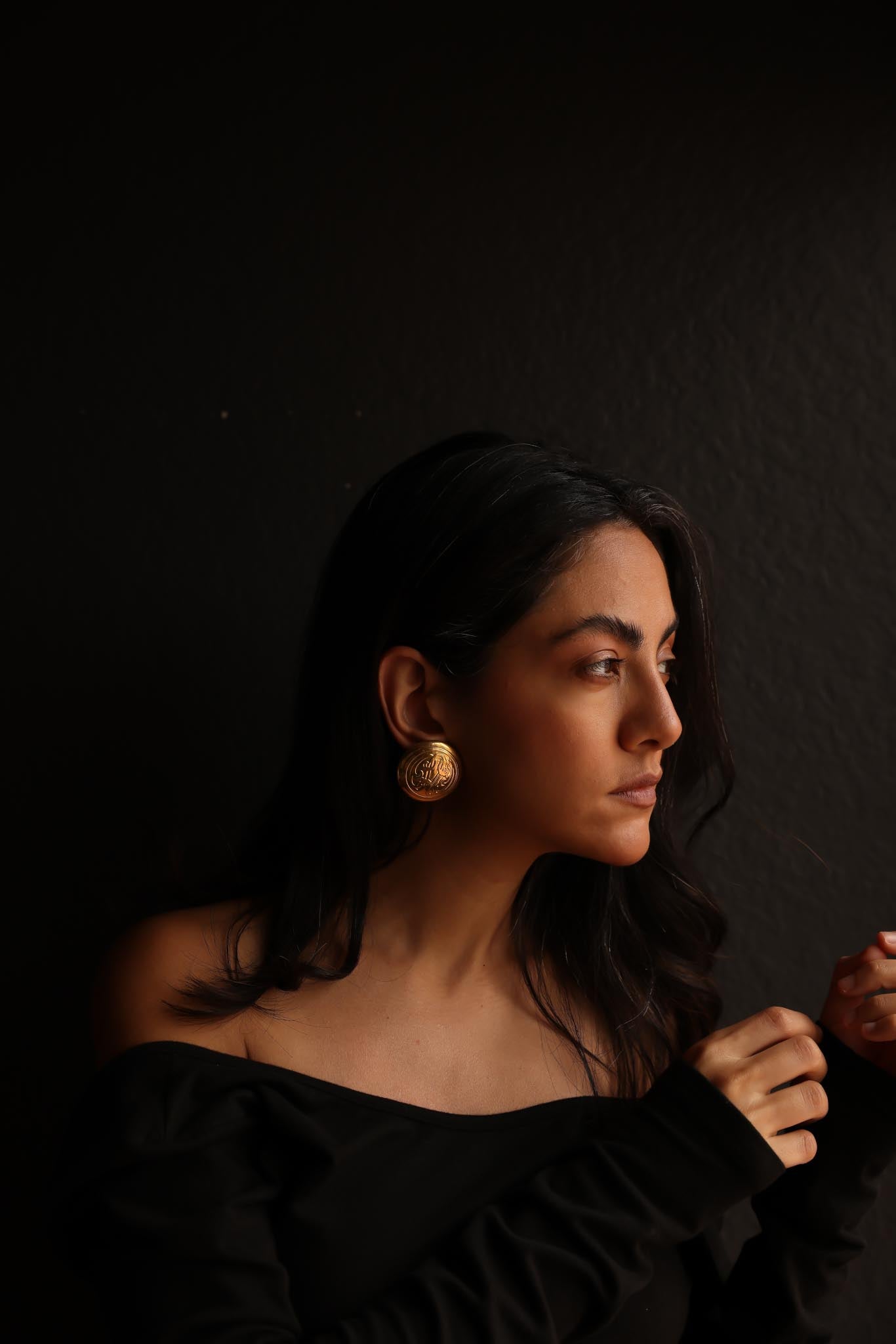 Round Gold-Tone Pierced Earrings with Engraved Design|Vintage Baazaar 