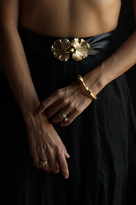 Mimi di N Gold Tone Floral Buckle Black Leather Be