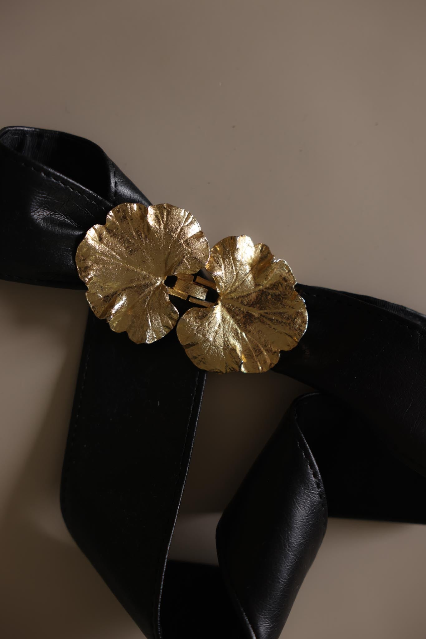 Mimi di N Gold Tone Floral Buckle Black Leather Be