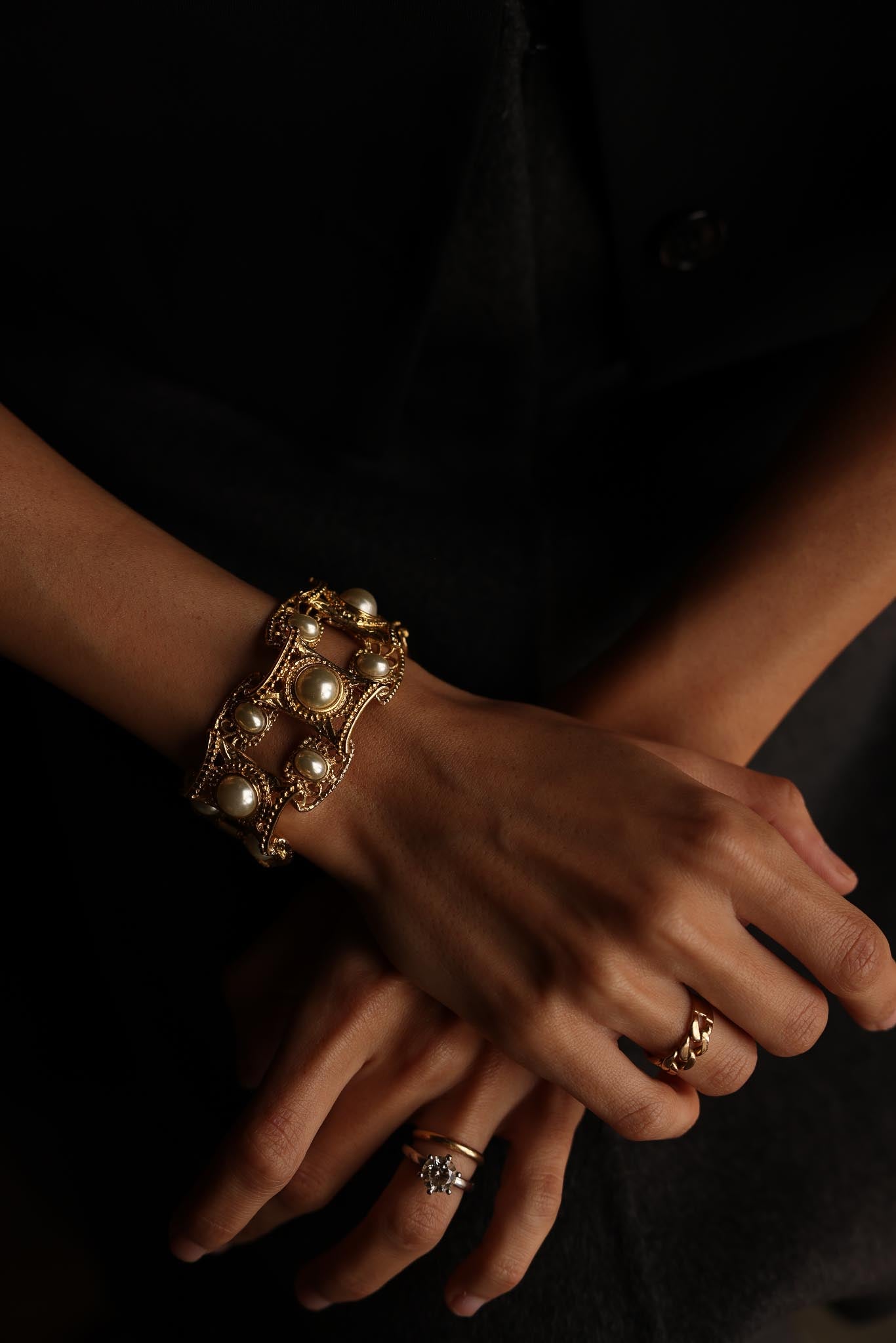 Gold-Filled Filigree Faux Pearl Antique   Bracelet|Vintage Baazaar 