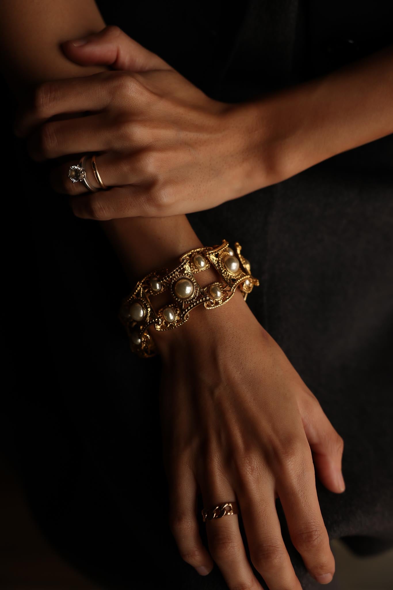 Gold-Filled Filigree Faux Pearl Antique   Bracelet|Vintage Baazaar 