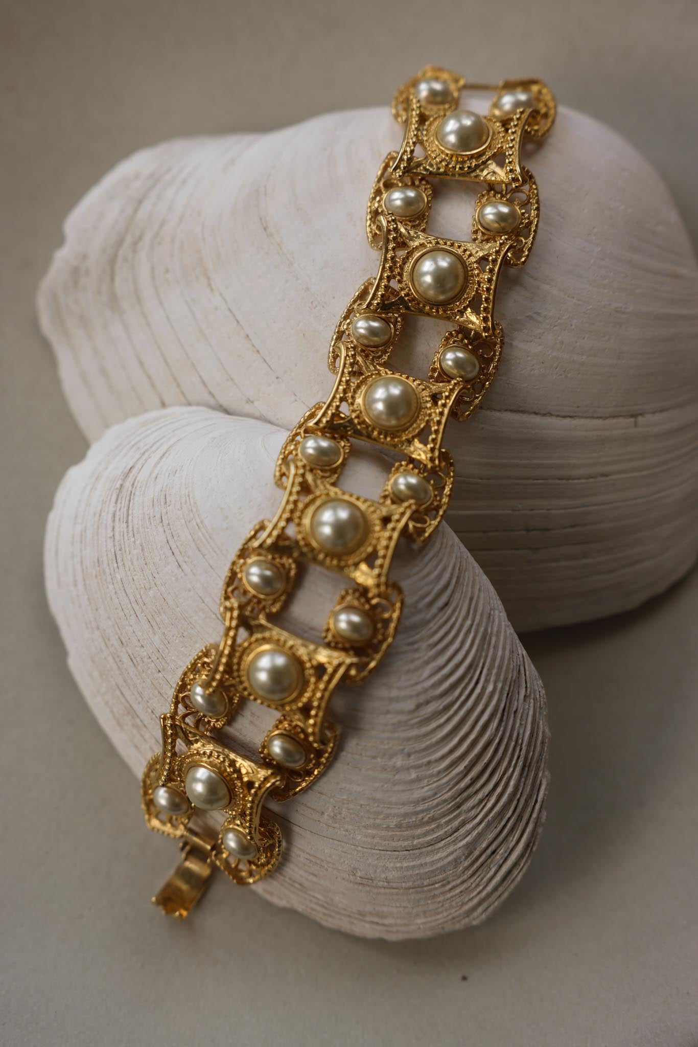 Gold-Filled Filigree Faux Pearl Antique   Bracelet|Vintage Baazaar 