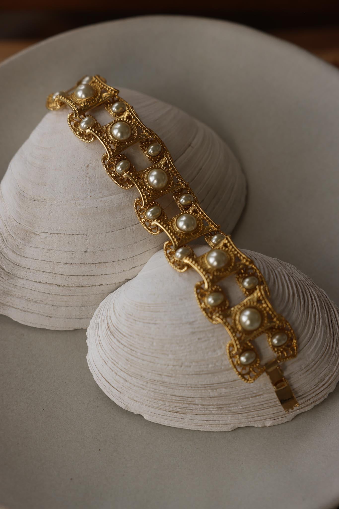 Gold-Filled Filigree Faux Pearl Antique   Bracelet|Vintage Baazaar 