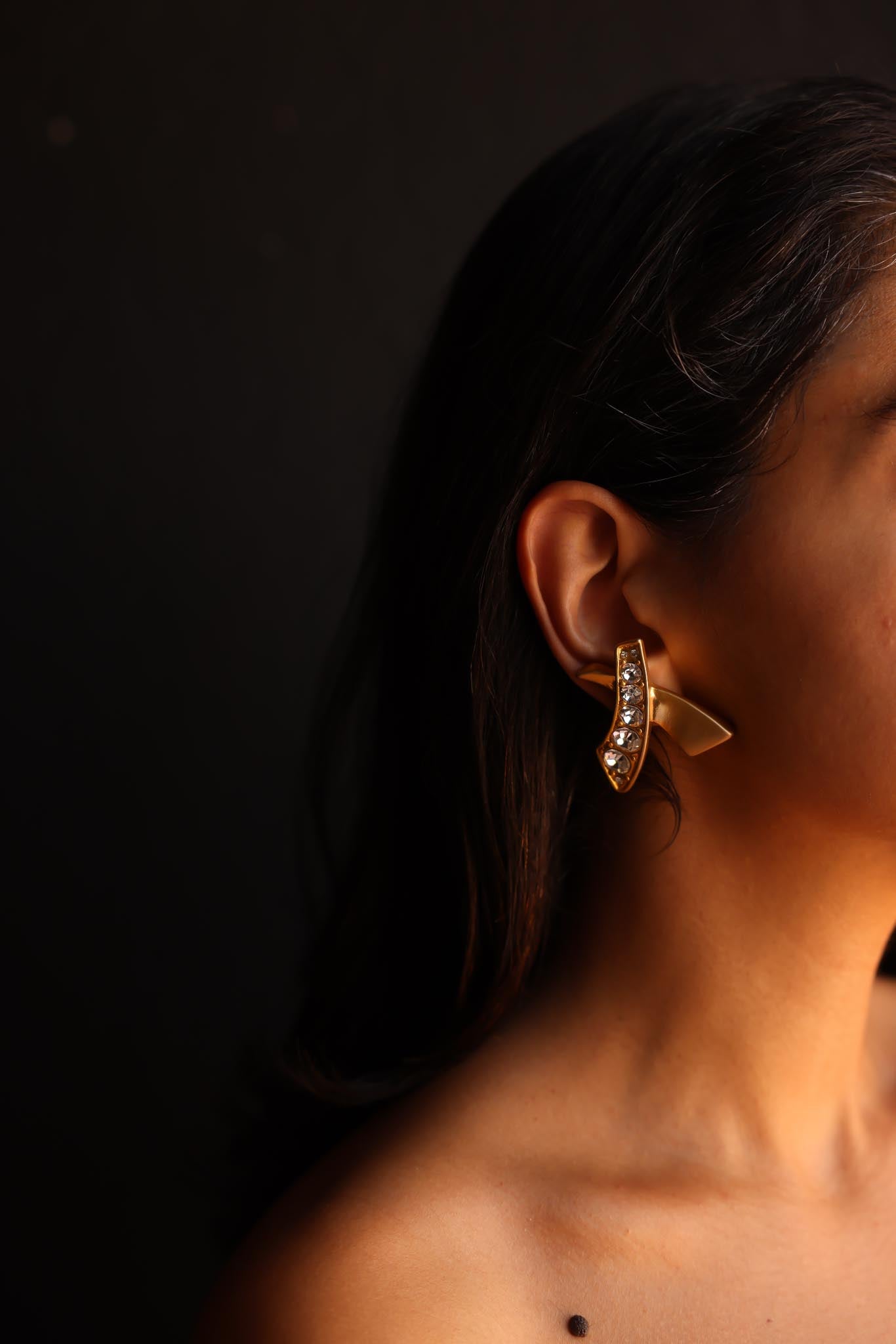 Sculpted Matte Gold Clip-On Earrings with Rhinestones|Vintage Baazaar 