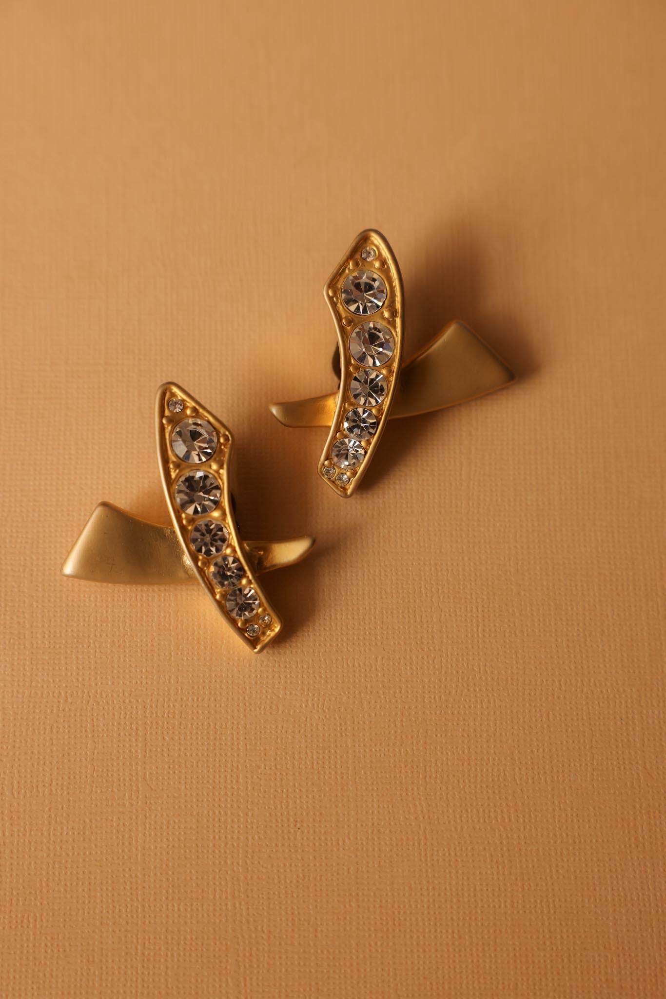Sculpted Matte Gold Clip-On Earrings with Rhinestones|Vintage Baazaar 