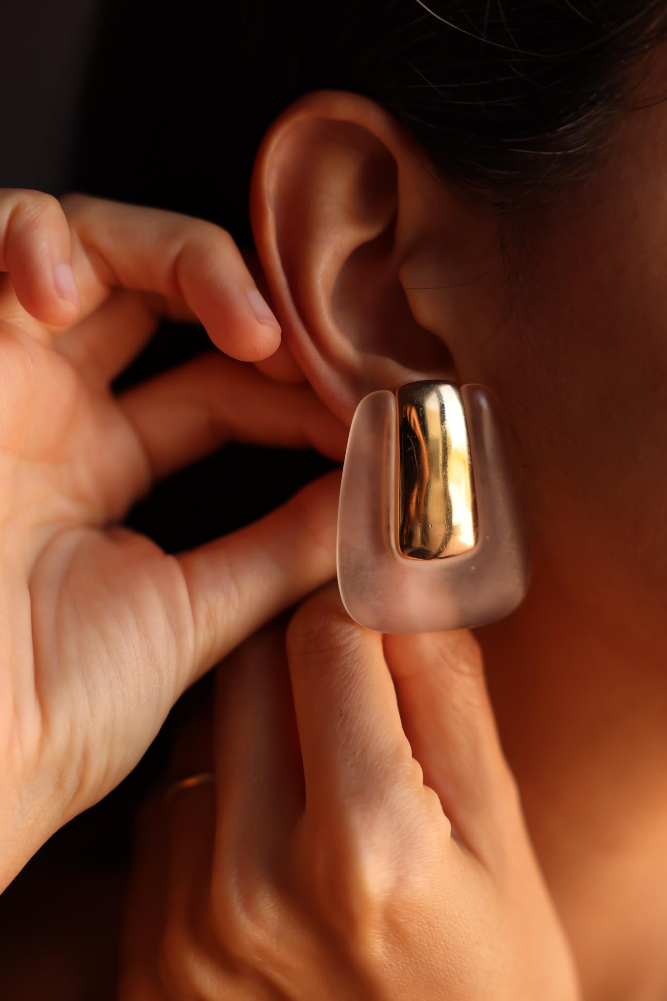 Geometric Gold and Clear Clip-On Earrings|Vintage Baazaar 