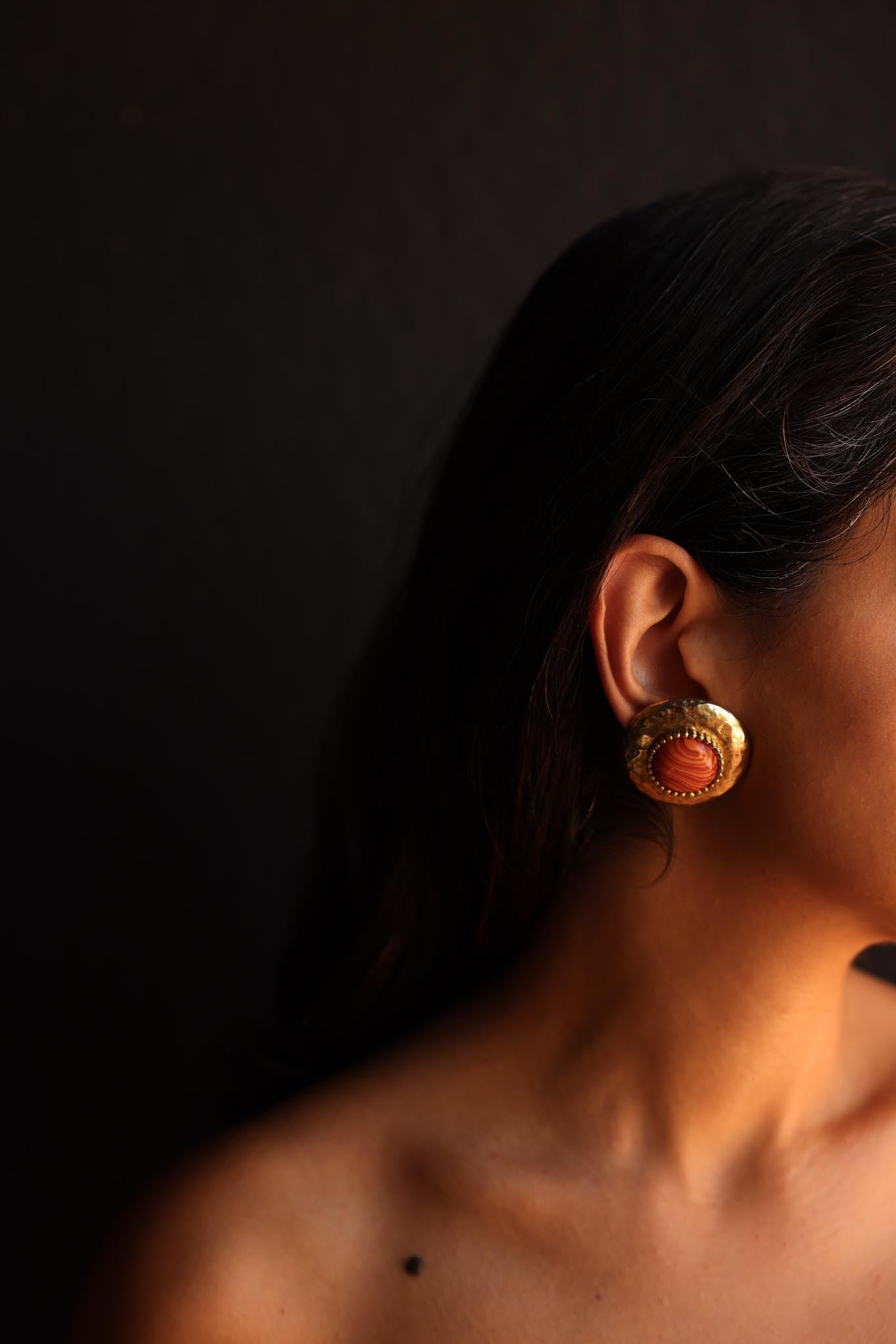 Hammered Dome Clip-On Earrings with Orange Center|Vintage Baazaar 