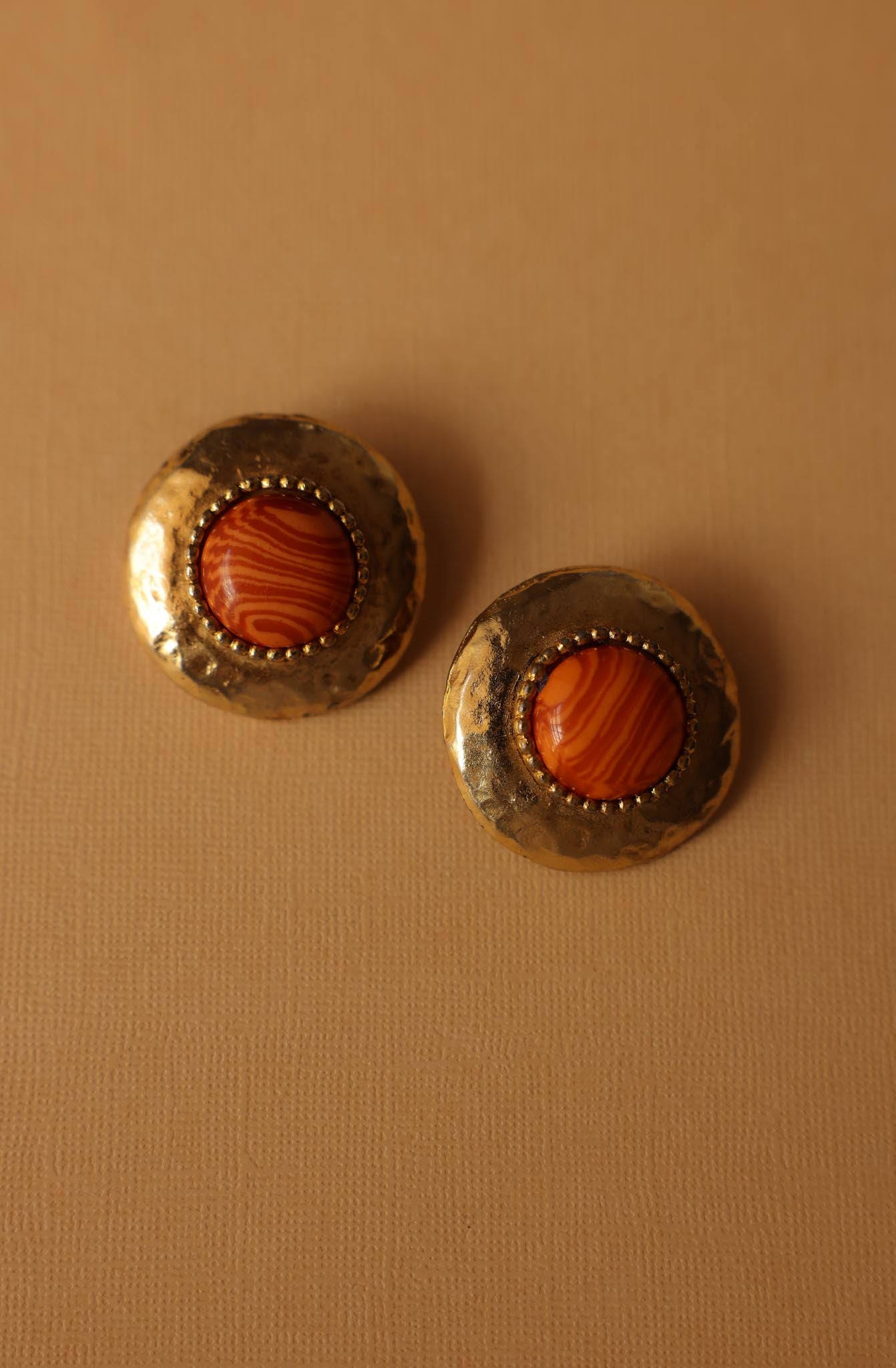 Hammered Dome Clip-On Earrings with Orange Center|Vintage Baazaar 