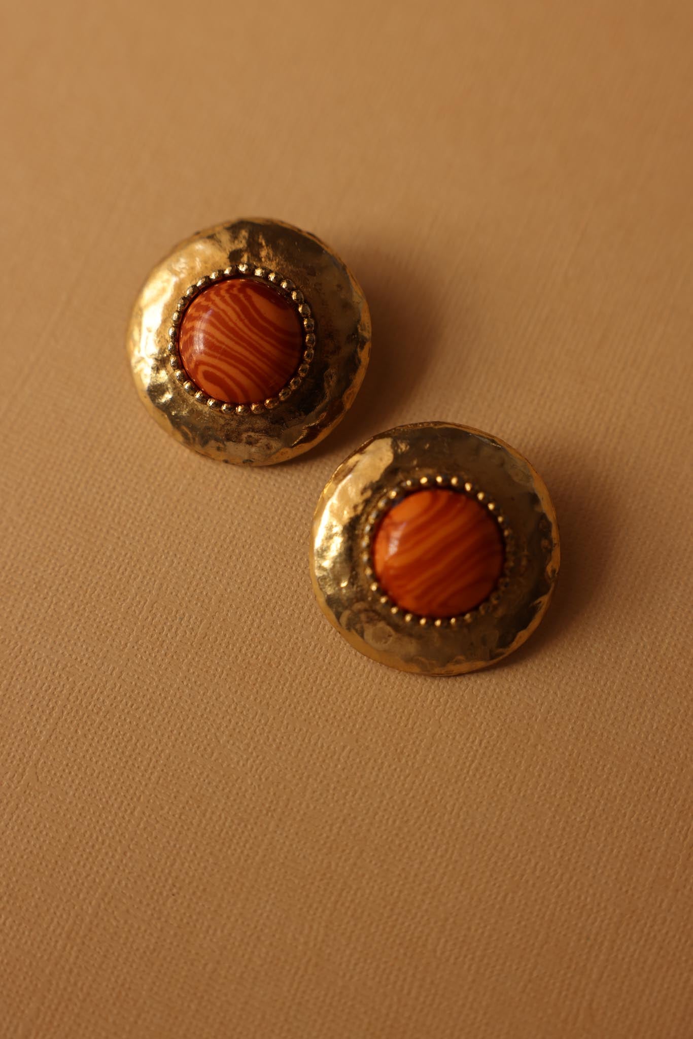 Hammered Dome Clip-On Earrings with Orange Center|Vintage Baazaar 