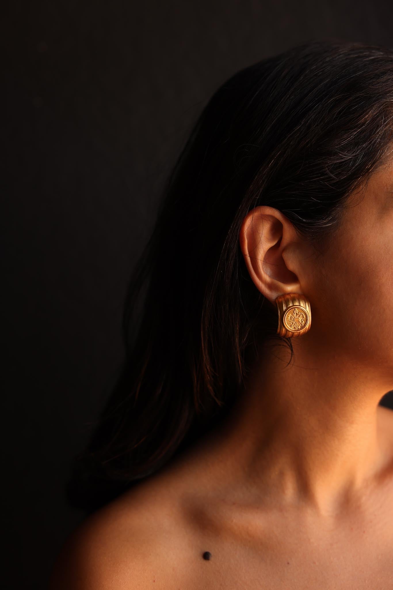 Embossed Crest Brushed Gold Clip-On Earrings|Vintage Baazaar 