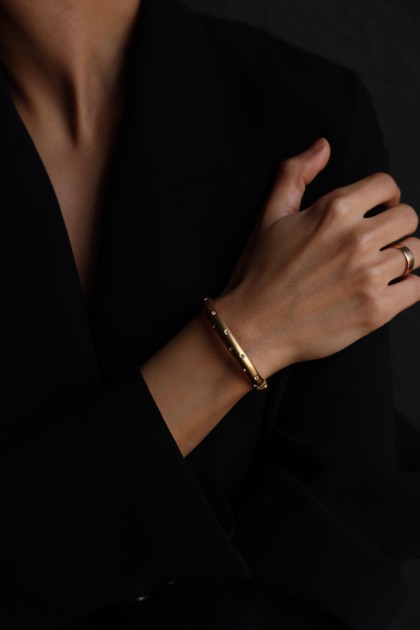 Brushed Gold Hinged Bracelet with Rhinestones|Vintage Baazaar 