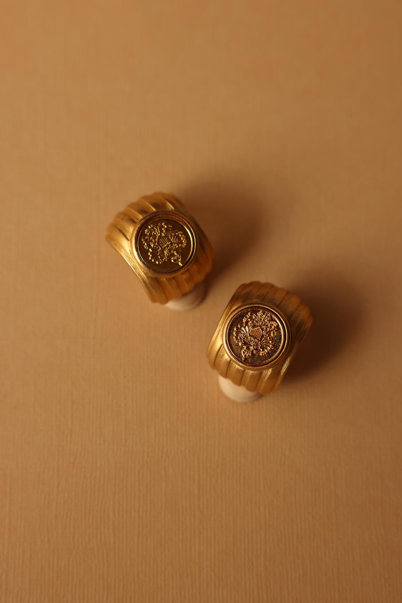 Embossed Crest Brushed Gold Clip-On Earrings|Vintage Baazaar 
