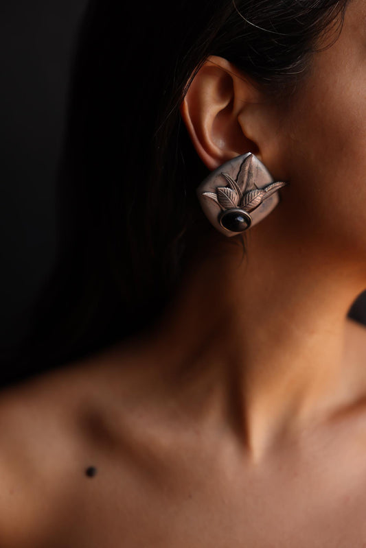 Silver Leaf Clip-On Earrings with Black Cabochons|Vintage Baazaar 