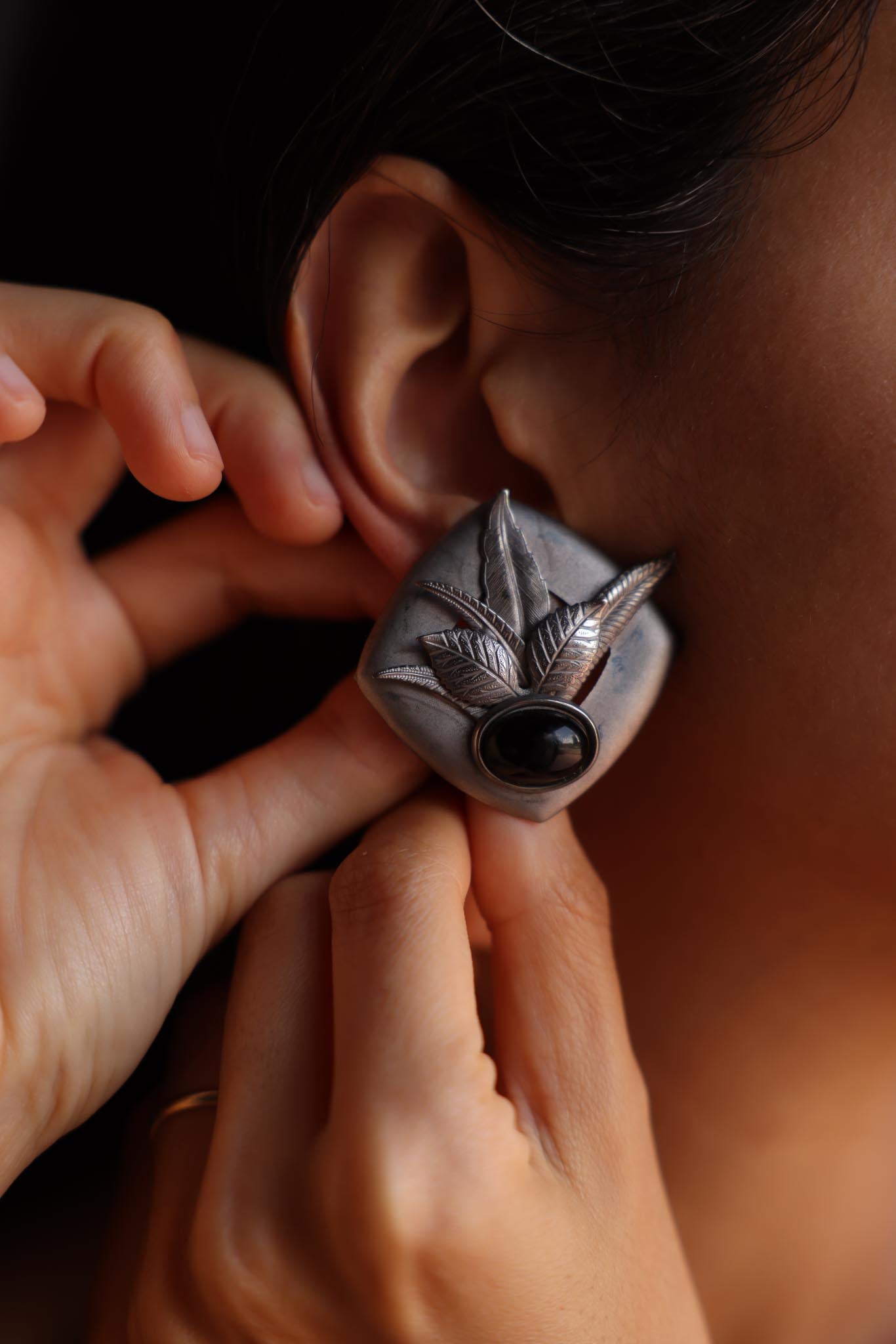 Silver Leaf Clip-On Earrings with Black Cabochons|Vintage Baazaar 