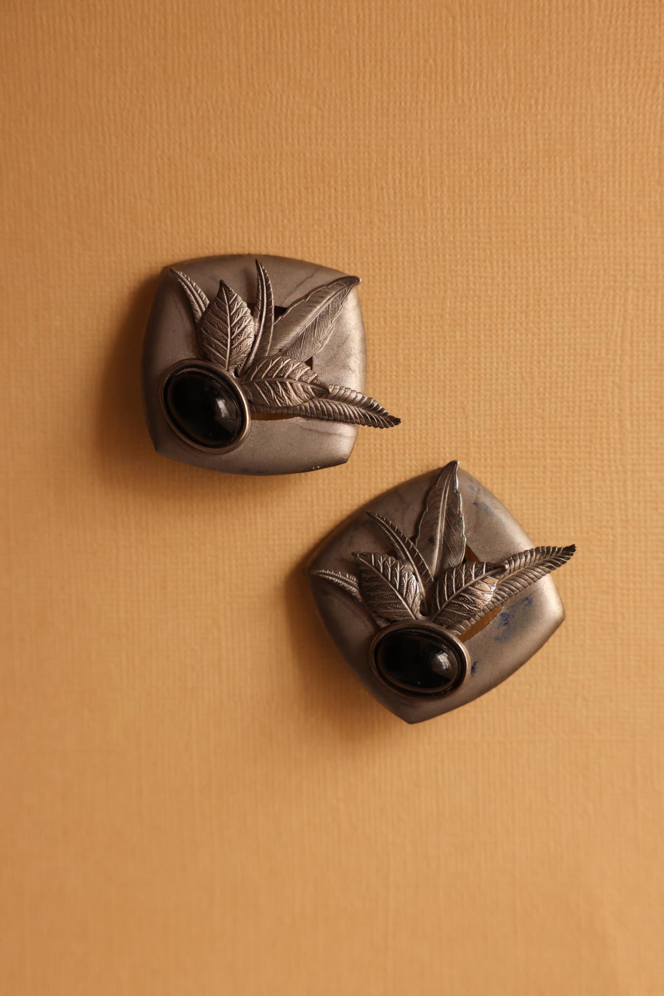 Silver Leaf Clip-On Earrings with Black Cabochons|Vintage Baazaar 